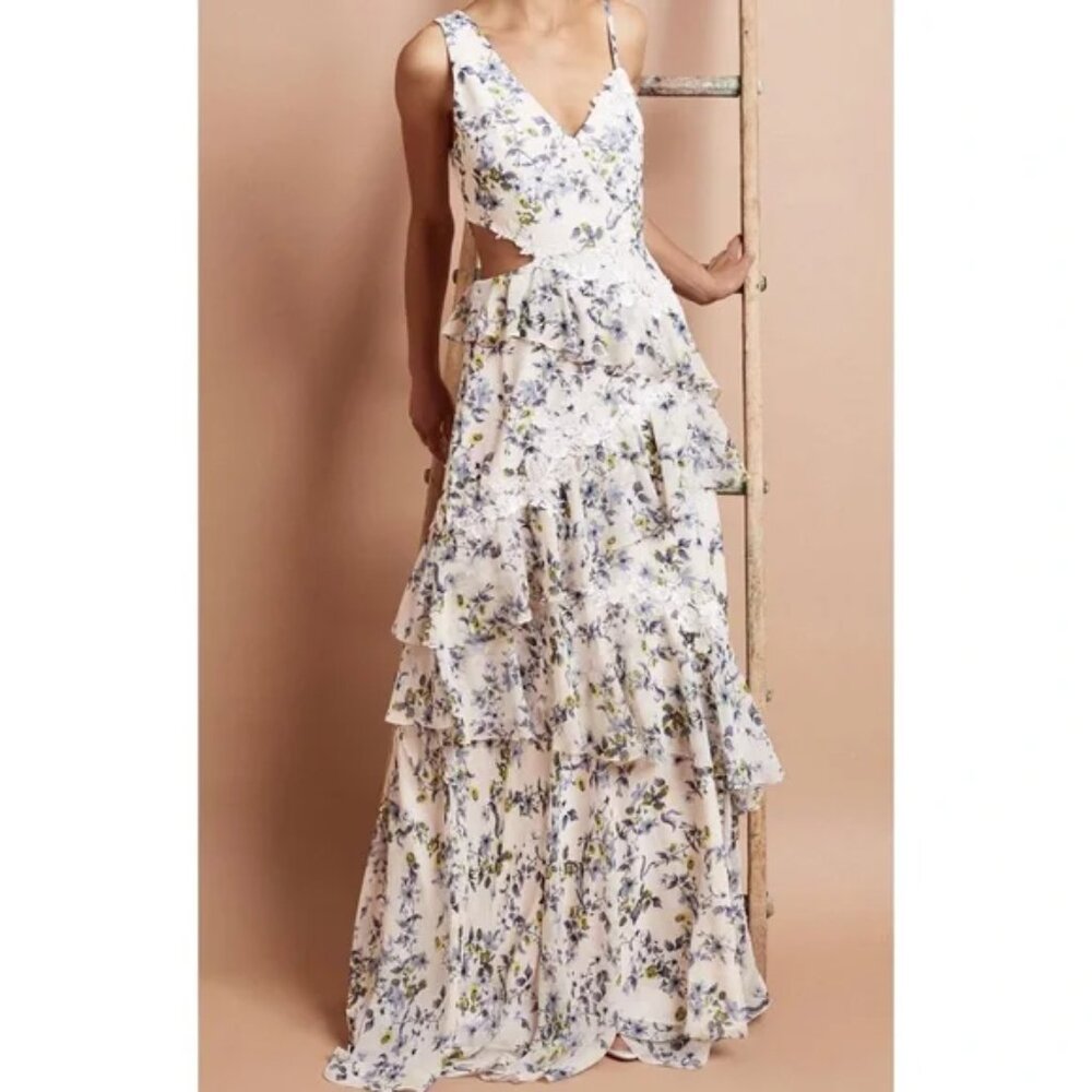 BCBG MAXAZRIA Asymmetrical Ruffle Gown in Blue Floral NWOT Size 2
